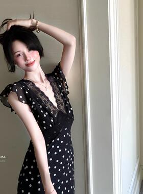 DARA ROSE-蕾丝性感显瘦裙法式巨好看黑色波点掐腰气质长裙S9370
