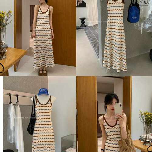 Y.JIA 伊嘉-纹撞色针织钩花收腰修身显瘦别致吊带连衣裙YS6-5605