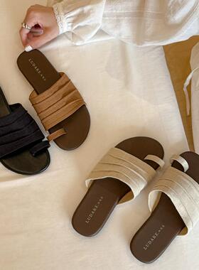 小梅鞋业-夏上新～法式亚麻夹趾平底鞋百搭配裙子拖鞋WV-M06