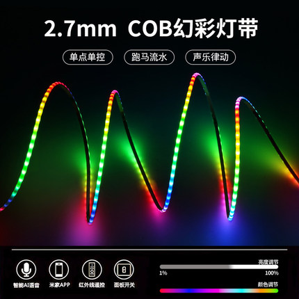 2.7mm宽低压跑马流水COB幻彩灯带七彩变色单点单控可编程led软灯