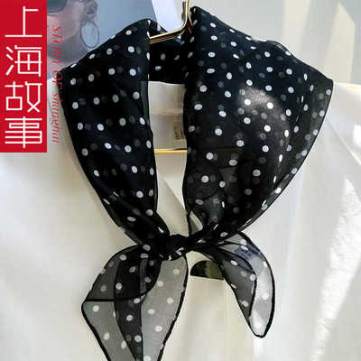 丝巾女春秋波点真丝小方巾百搭