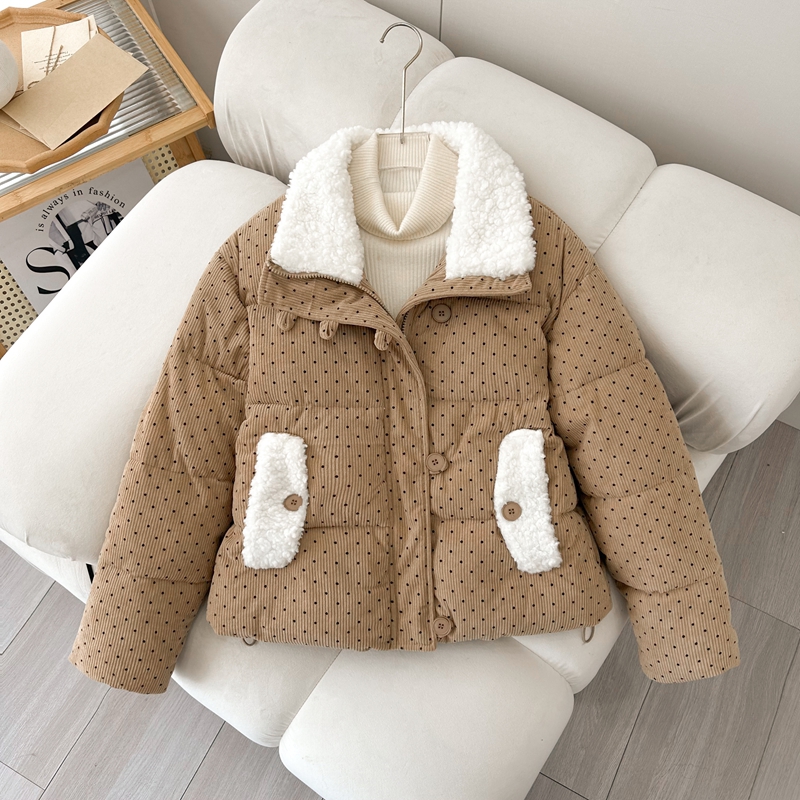 短款冬季条绒波点棉衣棉服女外套