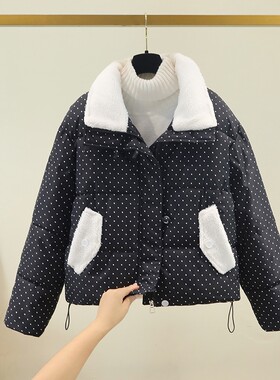 冬季短款翻领波点印花棉服女外套