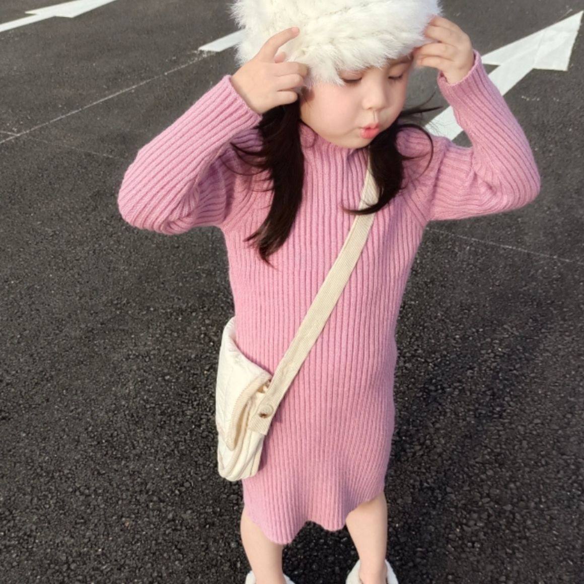 儿童秋冬新款低领毛衣中长款打底针织连衣裙圆领毛衣裙女童休闲潮