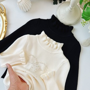 女秋冬季2026新款时尚针织衫花边领打底衫中大童女童甜美毛衣冬天