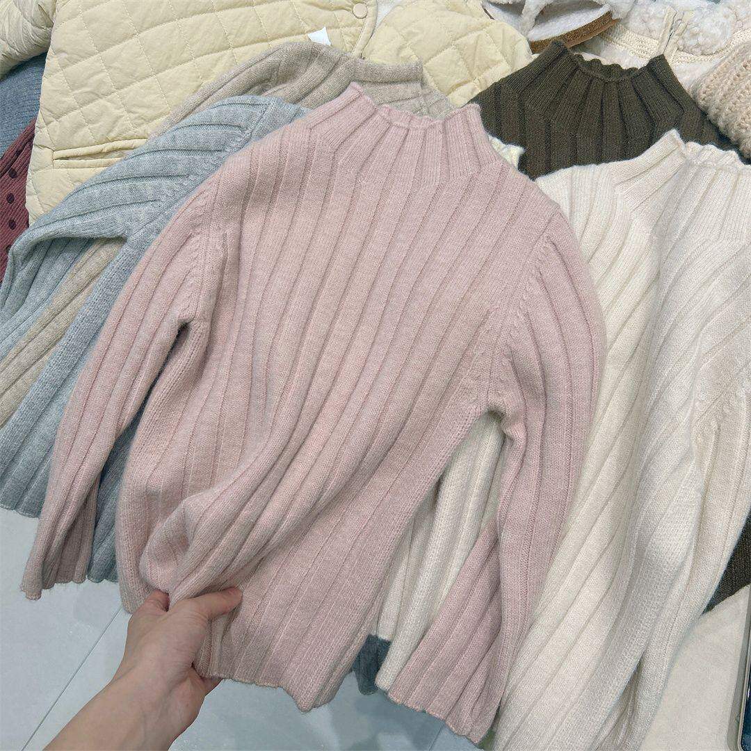 女童毛衣25冬儿童纯色坑条半高领打底衫女孩套头加厚保暖线衫韩版