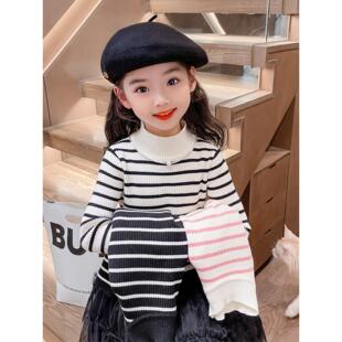 女小童条纹高领毛衣秋冬季女宝宝内搭针织打底衫套头保暖冬装女童