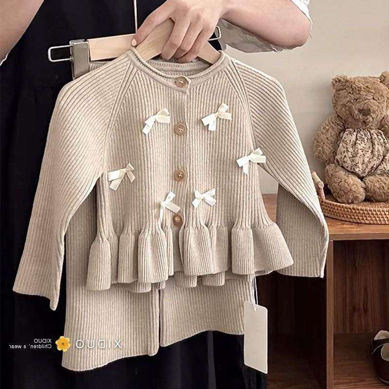 童装女童套装秋冬季新款洋派毛衣蝴蝶结针织开衫上衣裤子两件秋季