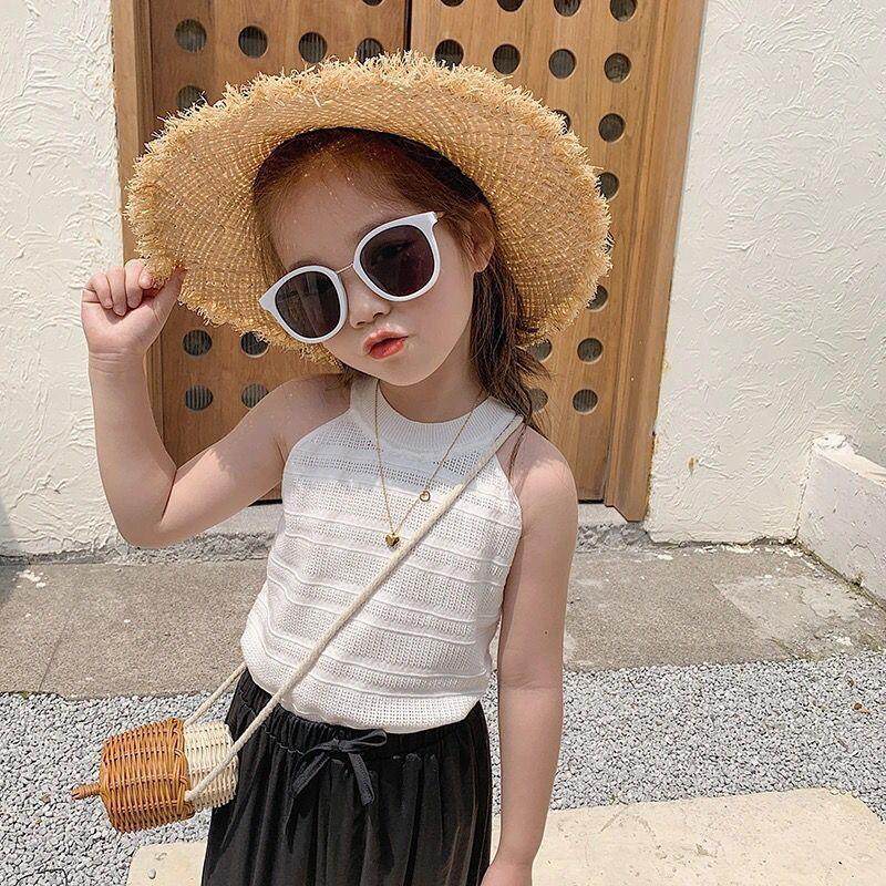 高级感挂脖冰丝儿童韩版夏装女童针织背心宝宝洋气打底衫外穿白色图片
