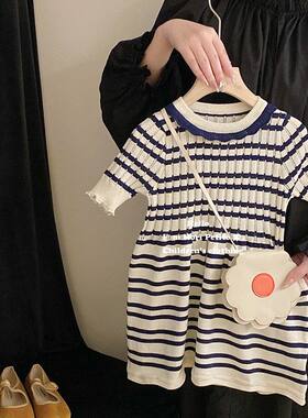 韩国洋气女童针织条纹连衣裙短袖夏季女宝宝裙子弹力休闲裙子毛衣