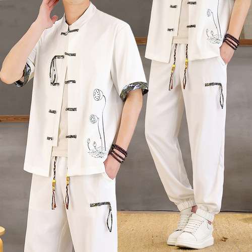 夏季男士套装中国风刺绣短袖开衫