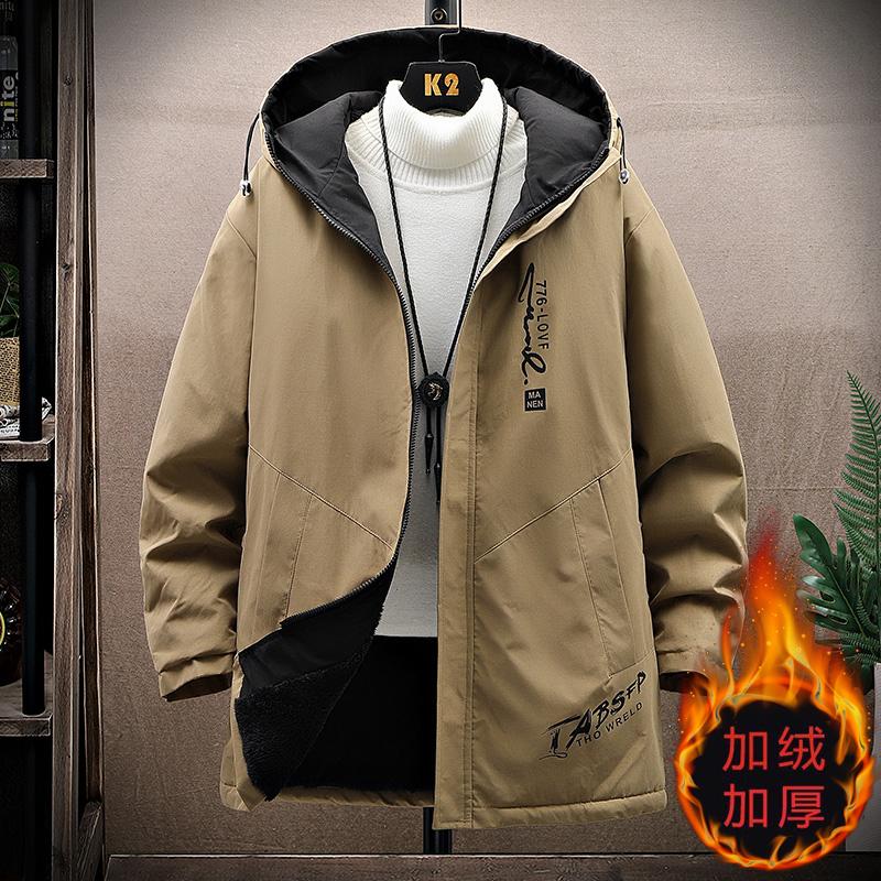 连帽冬季宽松加绒加厚外套男长款
