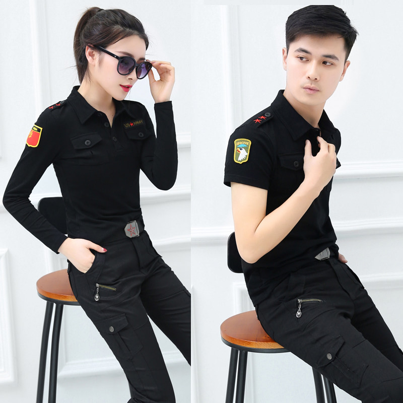 春秋新款大码水兵舞服男女修身翻领黑色广场舞五角星老鹰t恤上衣
