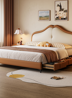 拉芙菲城堡头层真皮儿童床男孩橙色环保实木现代简约女孩储物床