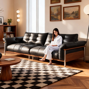 拉芙菲中古风头层牛皮沙发客厅小户型包豪斯直排真皮高脚沙发