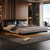 大象耳朵真皮床主卧室大床高端实木设计师意式 极简悬浮黑色双人床