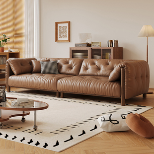 拉芙菲中古风头层真皮沙发简约白蜡实木原木风小户型佛山客厅沙发