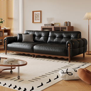 拉芙菲中古风头层真皮沙发原木风白蜡实木小户型直排牛皮客厅沙发