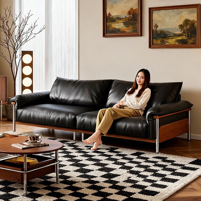 拉芙菲中古风头层牛皮沙发直排小户型高脚包豪斯真皮沙发客厅