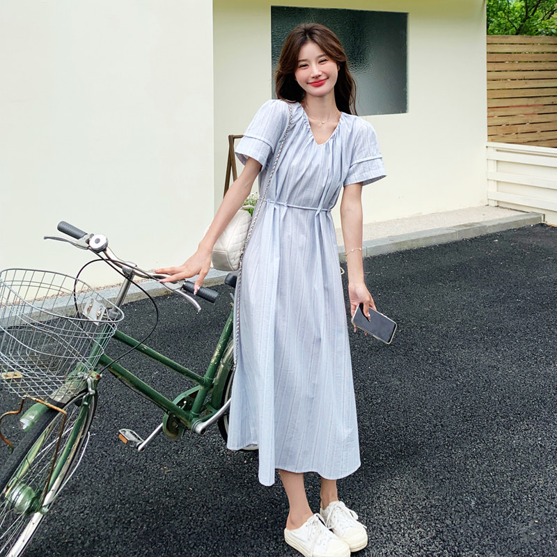 新款夏季韩系V领蓝色条纹收腰连衣裙2C158-8388-P120-K178,女装连衣裙,2C158