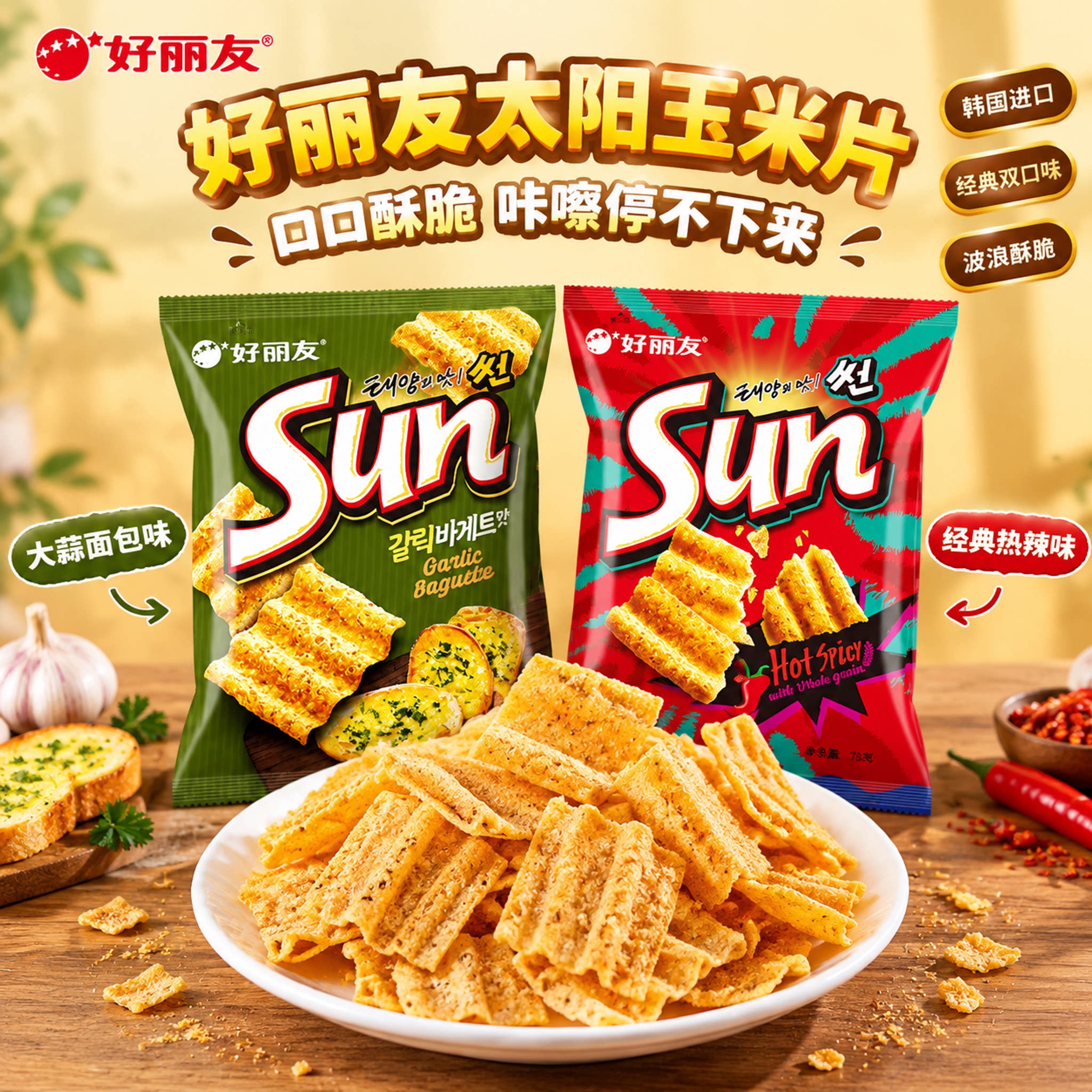 韩国进口orion好丽友sun太阳蒜香辣味玉米薯片海伦斯同款脆片零食