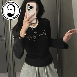 Adidas阿迪达斯三叶草女子V领修身罗纹运动长袖T恤KS2381 KS2382