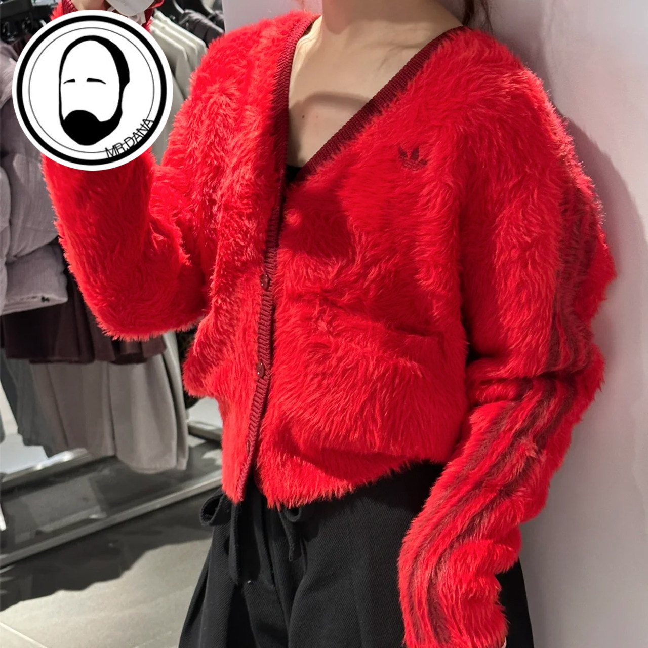 Adidas阿迪达斯三叶草女宽松V领红灰色针织开衫外套KT3170 KT3171