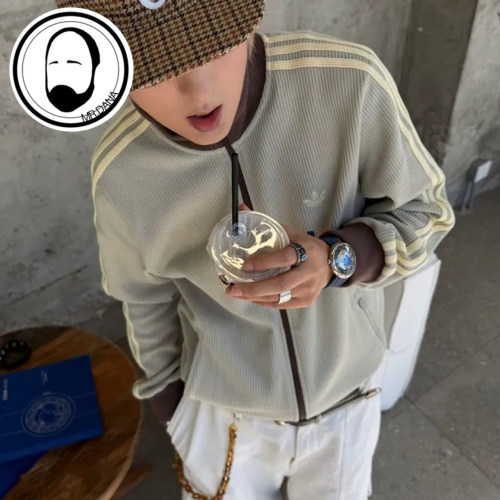 Adidas三叶草26年秋季男女宽松华夫格运动夹克外套LD6434 LD6433