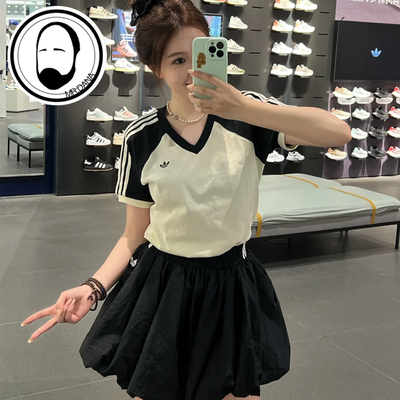 Adidas三叶草短袖女三条纹V领拼接纯棉休闲运动T恤KE6163 KF0316
