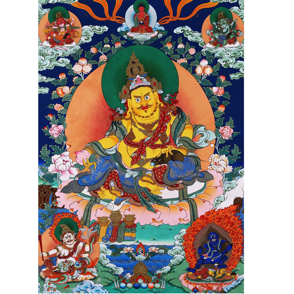 复刻手绘唐卡装饰画西藏黄财神挂画五路财神财宝天王客厅办公室