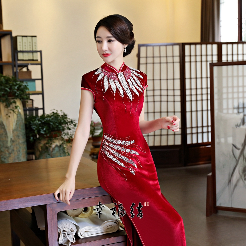 Velvet colored elite cheongsam for mother, long fitted evening dress, Chinese style