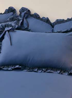 公主风蓝色枕头套水洗棉枕套一对装单个网红大号女花边枕芯内胆套