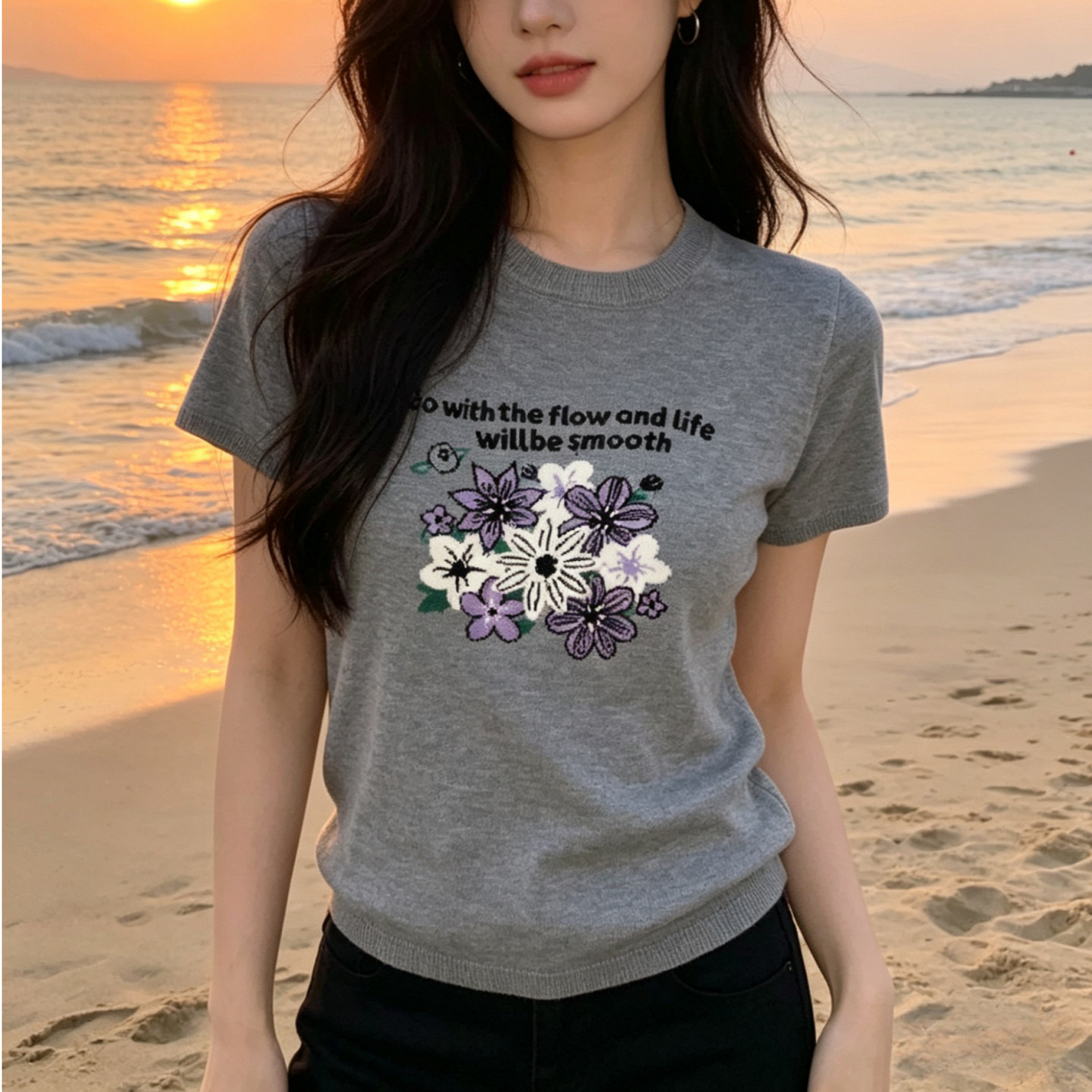 夏季花朵短袖宽松T恤女针织衫