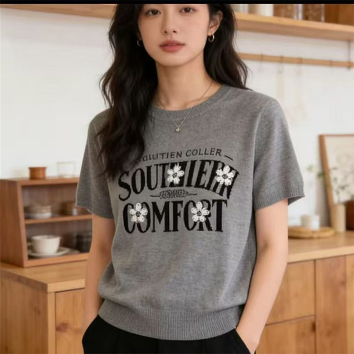 夏季薄款宽松短袖灰色针织T恤女