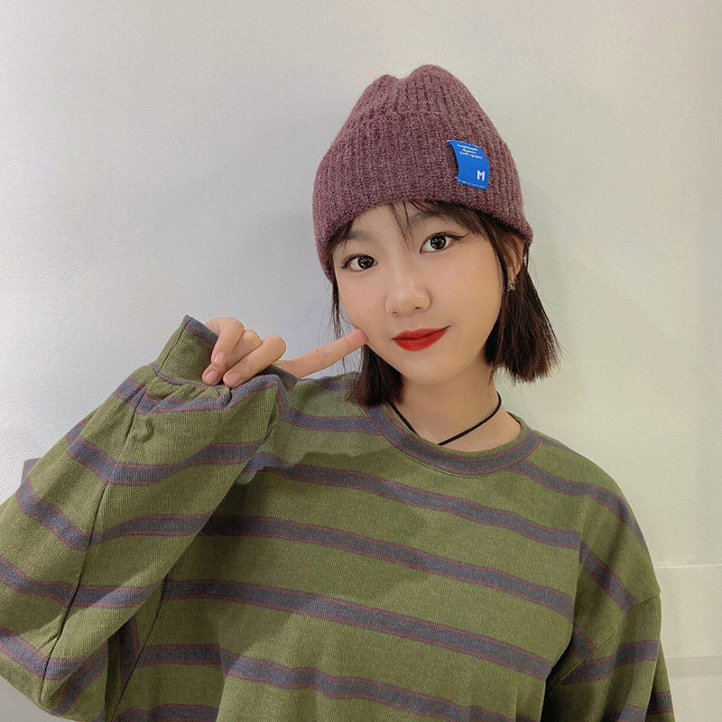 ins毛线帽子男女秋冬韩版百搭m英文贴布标保暖针织帽包套头冷帽潮