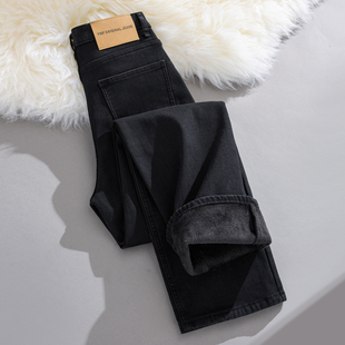 黑色加绒窄版阔腿牛仔裤女2025新款冬季加厚高腰小个子烟管直筒裤