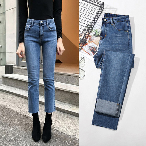 烟管裤女秋冬2025年新款加绒高腰显瘦小个子九分修身直筒牛仔裤子 - 封面