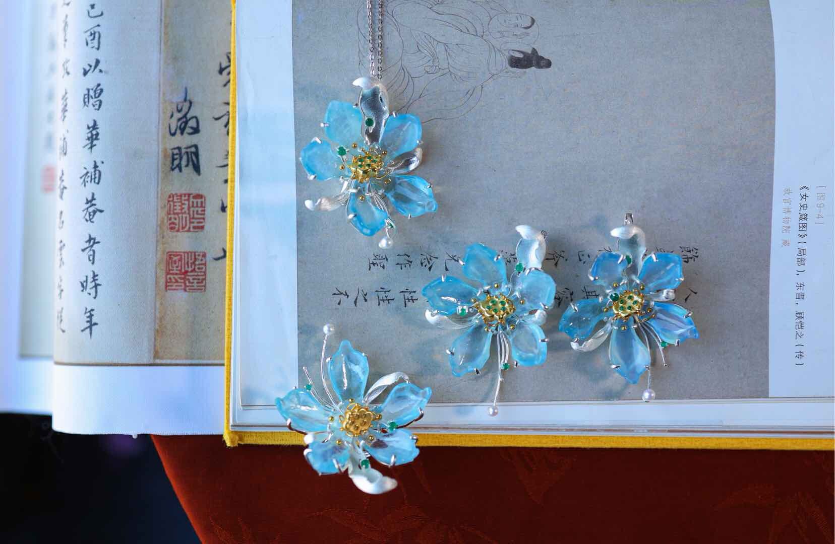 天然海蓝宝【耳坠】吊坠戒指套装耳坠莲花瓣造型冰蓝色宝石银镀金