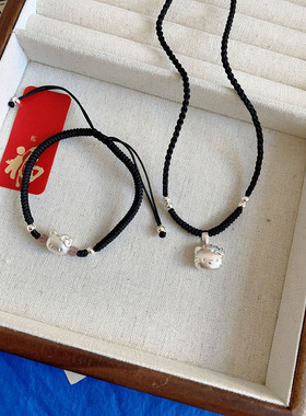 足银凯蒂卡通手链吊坠钻猫可爱少女草莓晶月光石手绳编织项链纯银