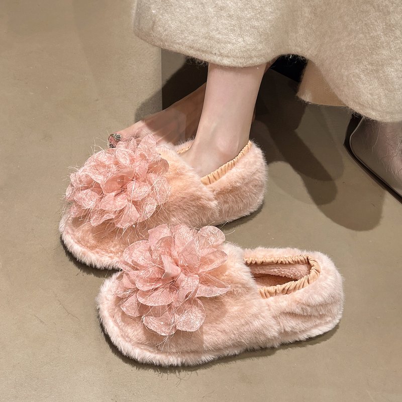 甜美花朵软底毛毛鞋女冬季踩屎感舒适保暖单鞋防滑百搭居家鞋