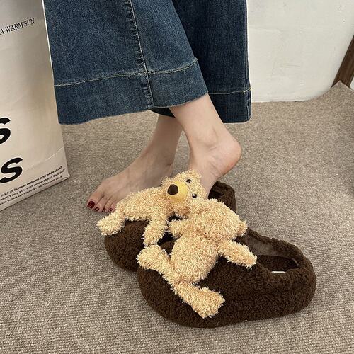 萌系可爱小熊毛毛拖鞋女秋