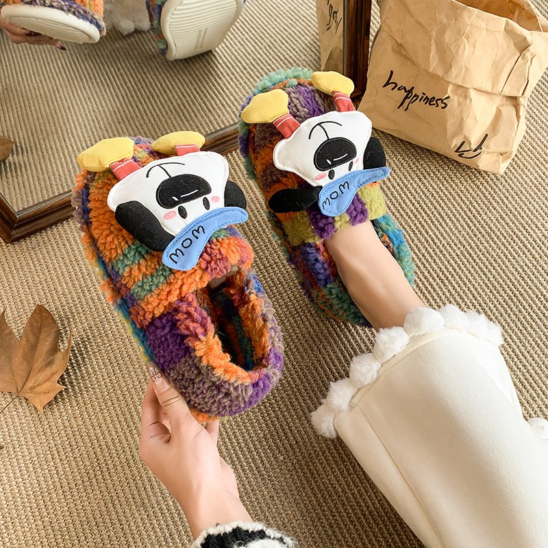 趣味卡通修勾毛毛鞋女冬季保暖一脚蹬单鞋轻便舒适室内居家棉鞋