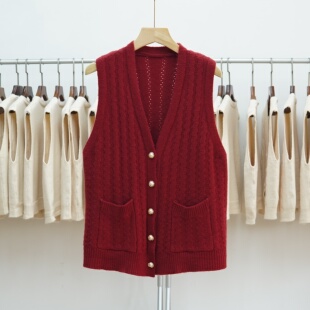 坎肩背心女 2024新款 339 复古宽松纯色针织马甲背心V领口袋秋冬季