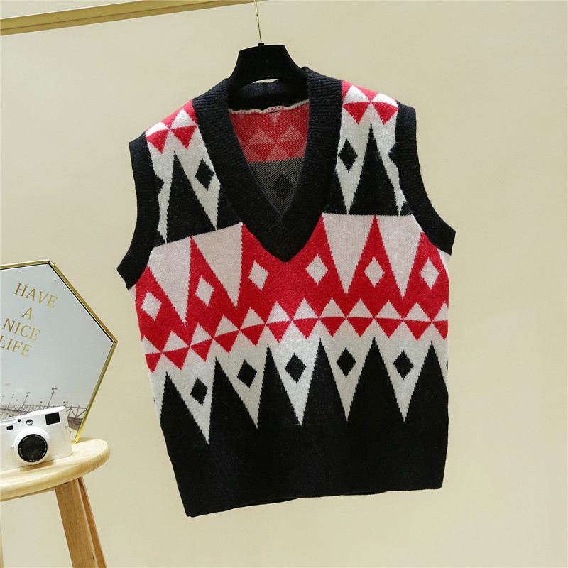毛衣马甲女宽松秋季新款无袖V领菱形格坎肩针织马夹背心套头外穿