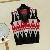 无袖 毛衣马甲女宽松秋季 新款 V领菱形格坎肩针织马夹背心套头外穿