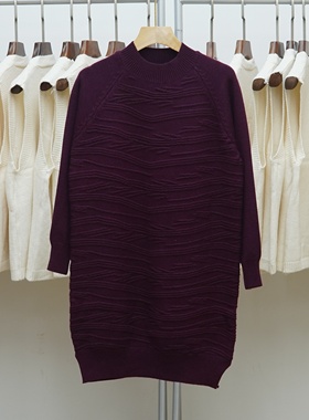 949新款圆领加厚长袖针织连衣裙女韩版宽松舒适中长款纯色毛衣裙