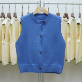 358 复古圆领纽扣针织马甲女秋冬宽松叠穿毛衣叠穿开衫 背心上衣