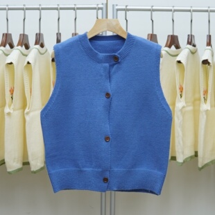 358 复古圆领纽扣针织马甲女秋冬宽松叠穿毛衣叠穿开衫背心上衣