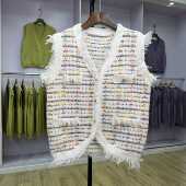 百搭小香V领条纹开衫 664 2024秋新款 背心马甲针织流苏宽松外套女