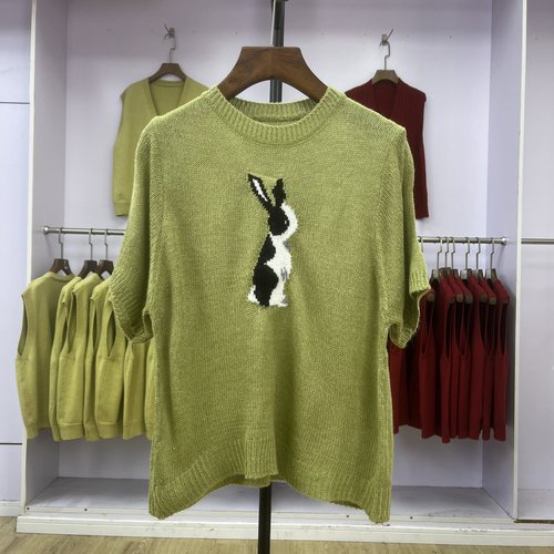 134 兔子提花针织t恤女短袖春夏2025年新款小众设计感套头针织衫